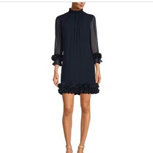 Alex Marie Amelia Smocked Turtleneck FloralRuffle Trim 3/4 Sleeve Black Dress